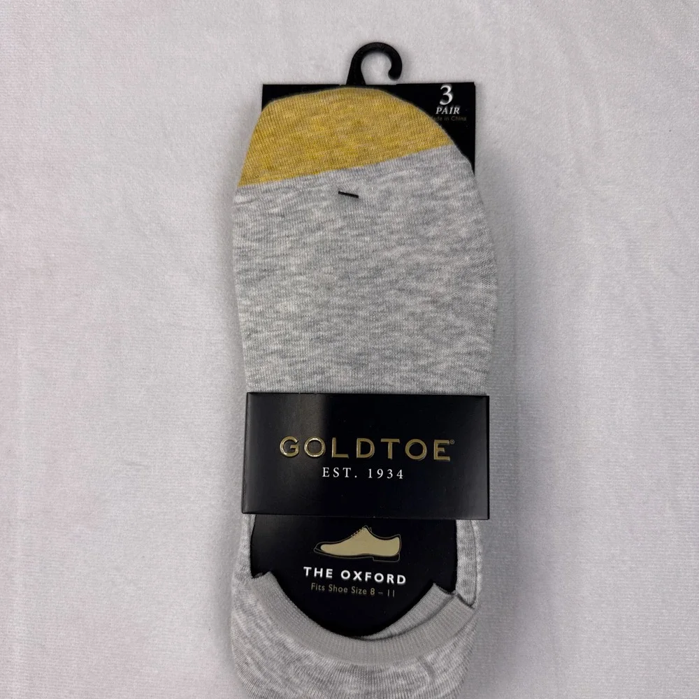 Goldtoe Mens Oxford No Show Socks 3 Pair Grey Black Shoe Size 8-11 Cotton Blend